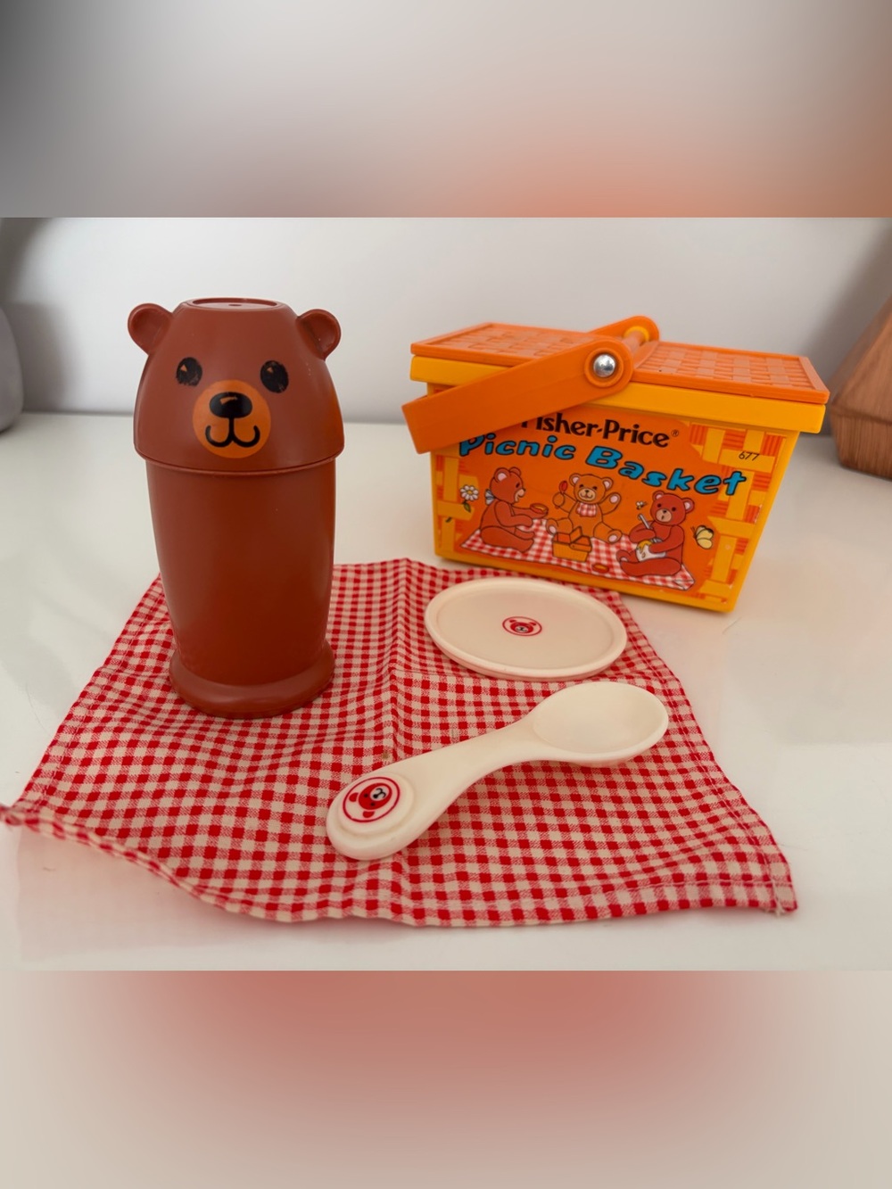 Vintage 1974 Fisher-Price Orange Picnic Basket Playset with Brown Bear Cup